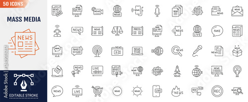 Mass media line icons set. Editable stroke. Containing News, press, live news, tv and more. Vector illustration