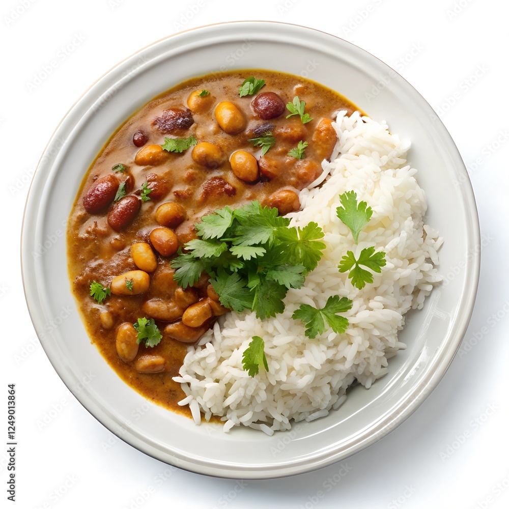 Top view of Rajma Chawal on a white plate Top view of Rajma Chawal on a white plate