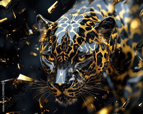 Majestic Black And Gold Jaguar Amidst Shattered Glass