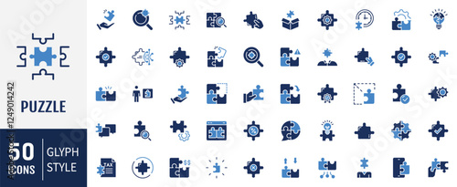 Puzzle flat icons set. Editable stroke. Conatining jigsaw, solution, solve, piece, idea, team and more. Vector illustration