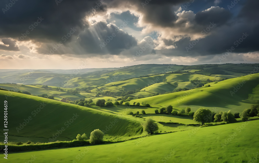 Fototapeta premium Rolling Green Hills Under Dramatic Sky