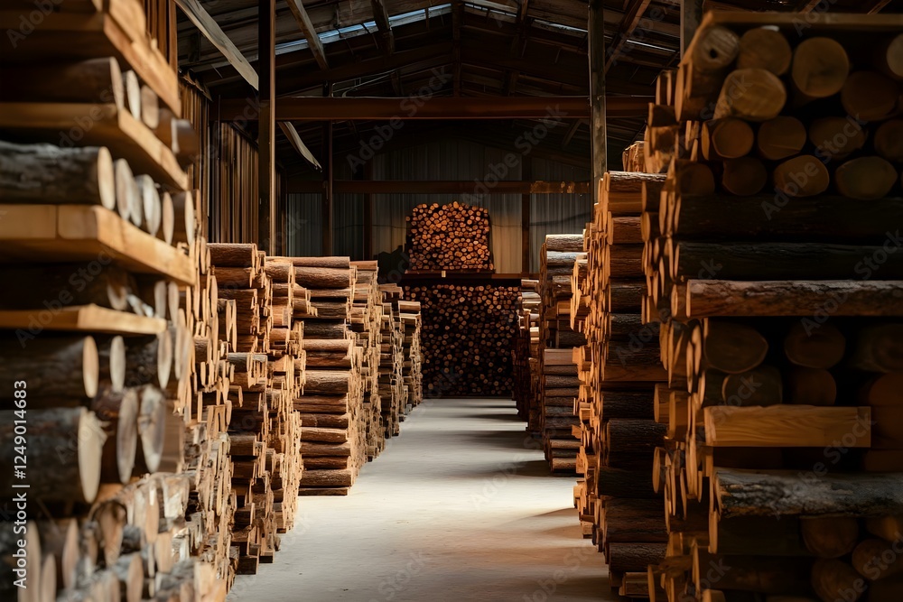 Rows of neatly stacked logs in a large industrial storage facility, with natural light illuminating the wooden surfaces. Concept Industrial Storage Facility, Neatly Stacked Logs, Natural Light Rows of neatly stacked logs in a large industrial storage facility, with natural light illuminating the wooden surfaces. Concept Industrial Storage Facility, Neatly Stacked Logs, Natural Light