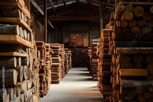 Wallpaper Mural Rows of neatly stacked logs in a large industrial storage facility, with natural light illuminating the wooden surfaces. Concept Industrial Storage Facility, Neatly Stacked Logs, Natural Light Torontodigital.ca