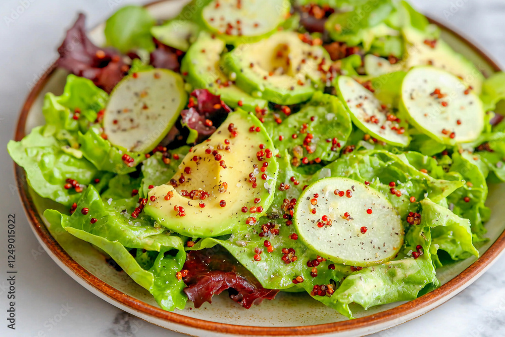 Fresh green salad with avocado and red pepper Fresh green salad with avocado and red pepper