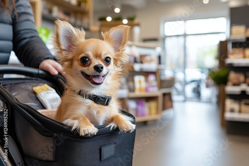 A joyful Chihuahua perched in a pet stroller, radiating happiness and comfort as it explores the world, showcasing the love and care pets receive in urban life. photo