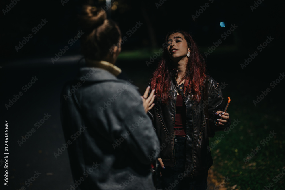 A nighttime setting featuring two women engaged in a discussion outdoors, evoking mystery and intensity. A nighttime setting featuring two women engaged in a discussion outdoors, evoking mystery and intensity.