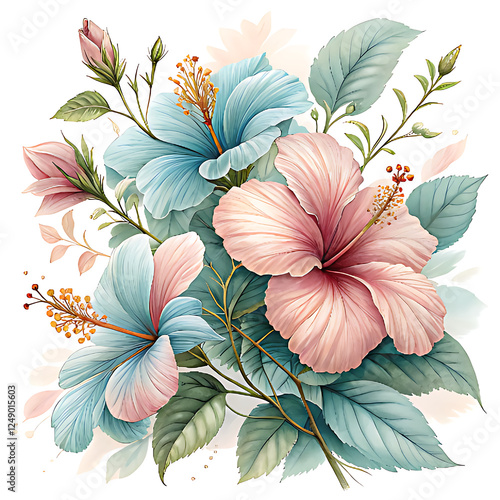 Elegant Botanical Illustration of Tropical Hibiscus Flowers