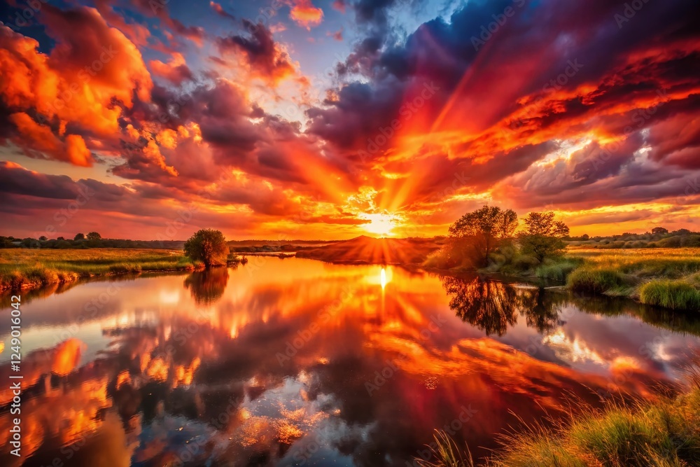 Obraz premium Dramatic Deep Orange Red Sunset over Dark Pond Water, Sunrays Through Clouds