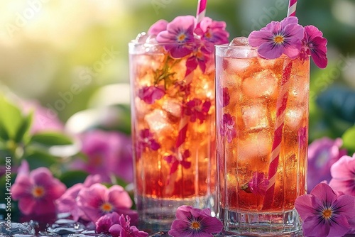 two glasses of floralinfused drinks adorned with pink flowers and striped straws glistening in the bright summer sunlight evoking a refreshing and vibrant atmosphere photo