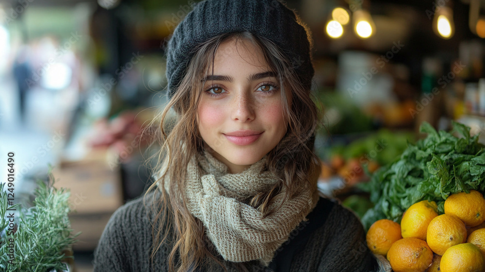 Enchanting young woman smiles warmly while surrounded by fresh produce in a vibrant market, capturing the essence of autumn Enchanting young woman smiles warmly while surrounded by fresh produce in a vibrant market, capturing the essence of autumn