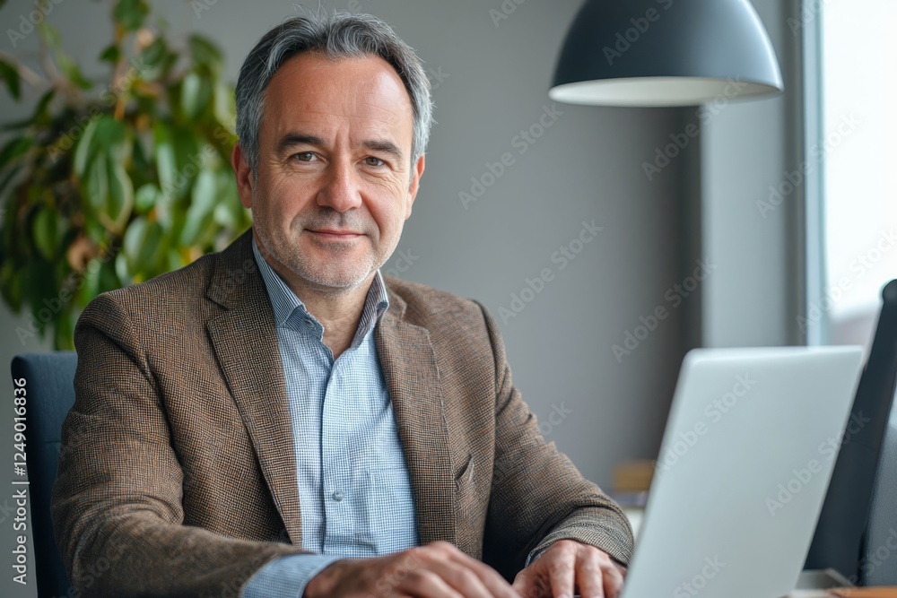 Portrait of a handsome mature business leader, sitting at his desk with his laptop, looking at the camera. Portrait of a handsome mature business leader, sitting at his desk with his laptop, looking at the camera.