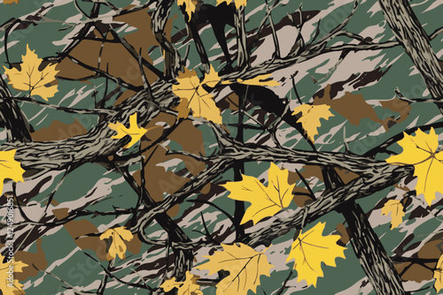 Hunting camouflage, seamless texture, military camouflage pattern, Army or hunting dark khaki green camo clothes. Camouflage wallpaper for textile and fabric. Fashion camo style. Vector