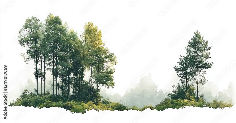 Obraz premium Serene Landscape with Tall Trees Minimalist Illustration White Background Natural Lighting
