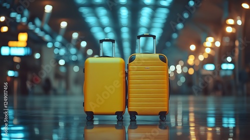 Luxury yellow and brown luggage set displayed in airport terminal setting, enhanced by golden hour lighting and reflective surfaces creating a sophisticated travel atmosphere. photo