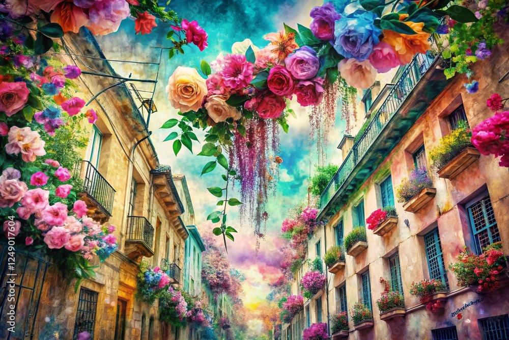 Fototapeta premium Dreamlike Watercolor Floral Pattern: Abstract Jewel Tone Blooms & Delicate Vines