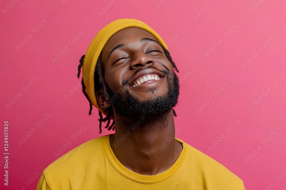 Portrait of cool positive person beaming smile look up above empty space on pink color background. Portrait of cool positive person beaming smile look up above empty space on pink color background.