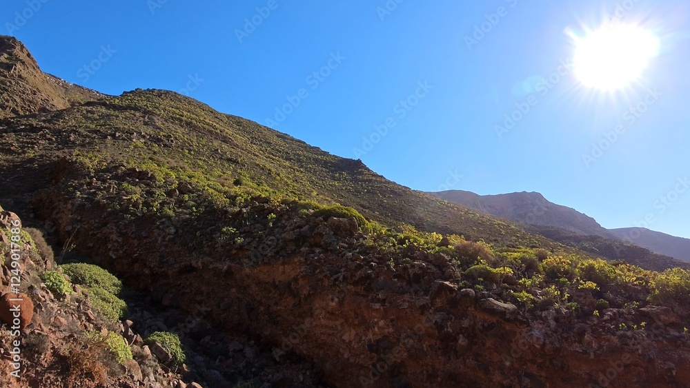 sonnendurchflutetes idyllisches Tal auf Lanzarote, Kanaren, Wandern, Flora, Natur, Sonnenstrahlen, einsam, ruhig, Pfad, steinig, Berge sonnendurchflutetes idyllisches Tal auf Lanzarote, Kanaren, Wandern, Flora, Natur, Sonnenstrahlen, einsam, ruhig, Pfad, steinig, Berge