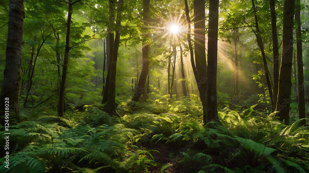Obraz premium Lush green forest with sunlight streaming through the trees, highlighting the Earth Day theme of environmental preservation and natural beauty.