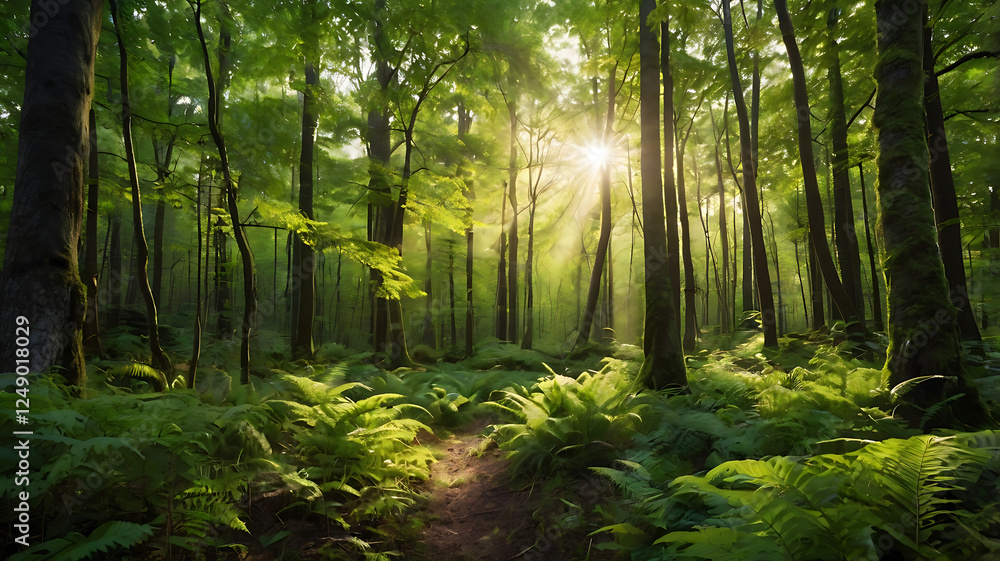 Obraz premium Lush green forest with sunlight streaming through the trees, highlighting the Earth Day theme of environmental preservation and natural beauty.