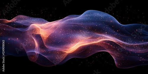 abstract wavy light streaks of blue, red, and purple colors against a black background. The light streaks look like flowing fabric with subtle sparkles embedded in the fabric.
