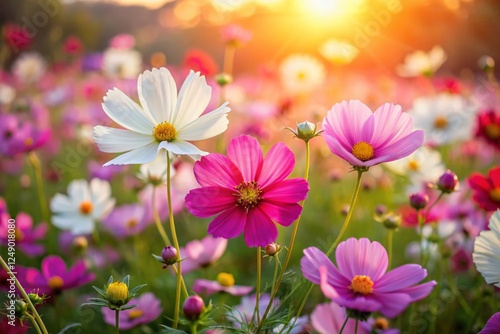 Dreamy Soft Focus Cosmos Flower Field, Vibrant Autumn Colors, Nature Photography