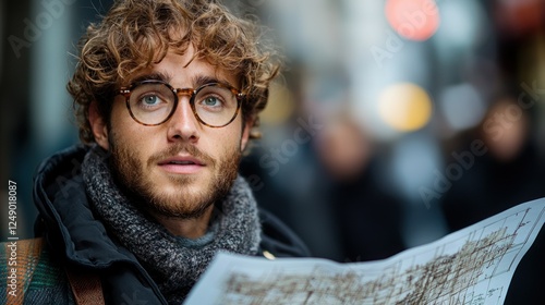 Young man with curly hair exploring unfamiliar city with paper map photo