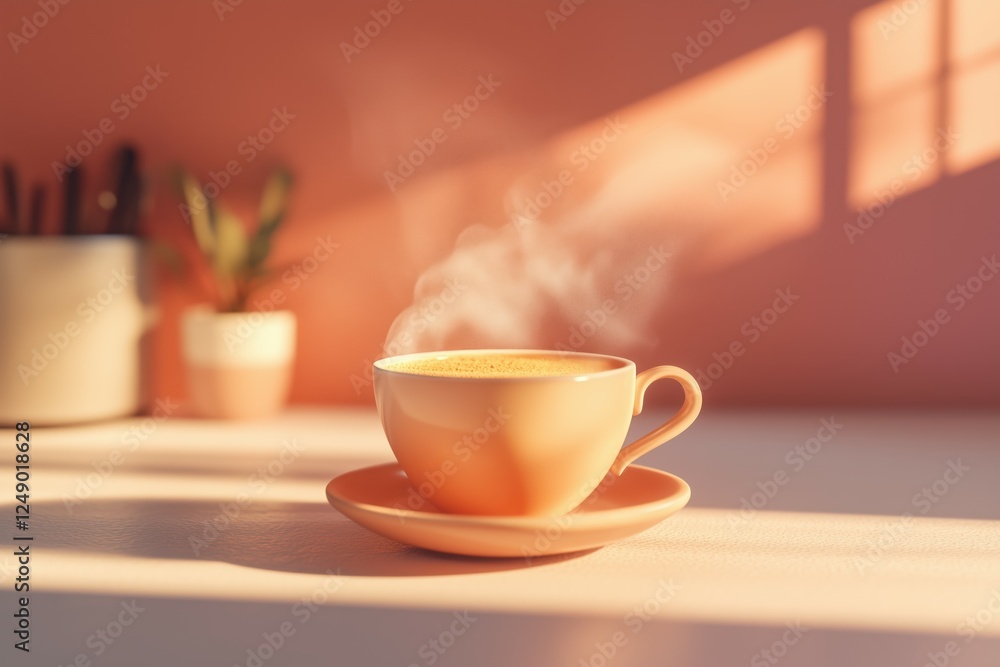 A cup of cappuccino coffee on a table, in beautiful morning light. A cup of cappuccino coffee on a table, in beautiful morning light.