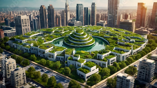 A futuristic city with green rooftops and solar roads, showcasing an innovative and sustainable concept of urban living. photo