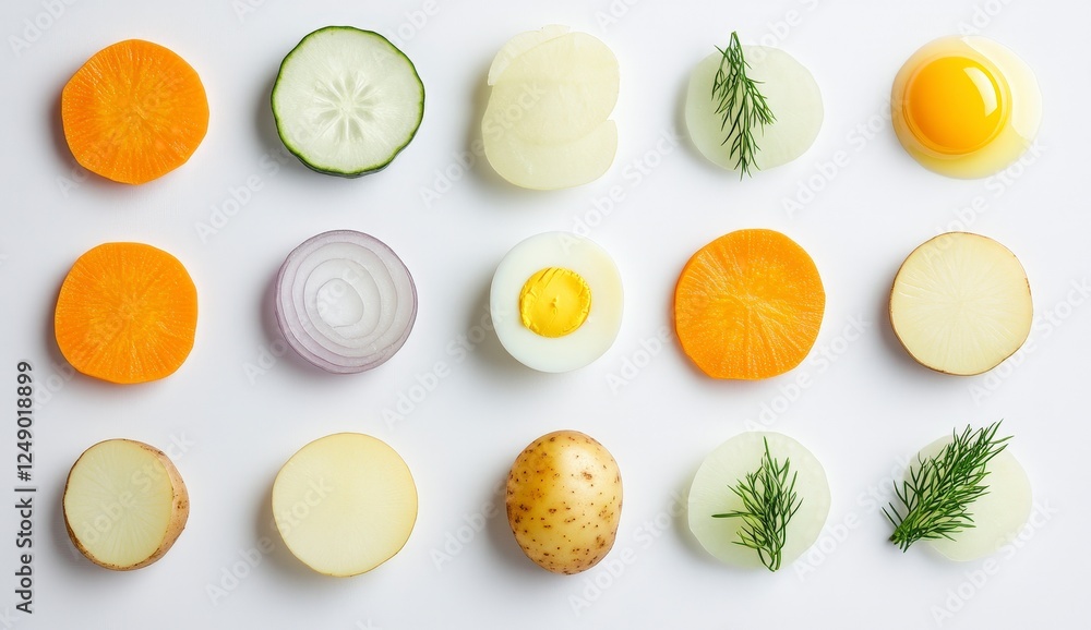 Colorful Arrangement of Fresh Vegetables and Egg on White Surface Colorful Arrangement of Fresh Vegetables and Egg on White Surface