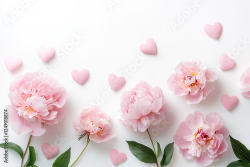 Valentine's Day Flat Lay with Pink Peonies Heart Confetti and Envelope on White Background