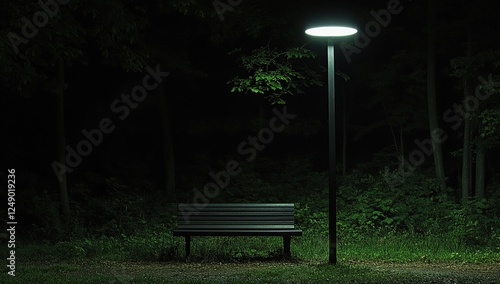 A park bench under a street light in a dark forest at night