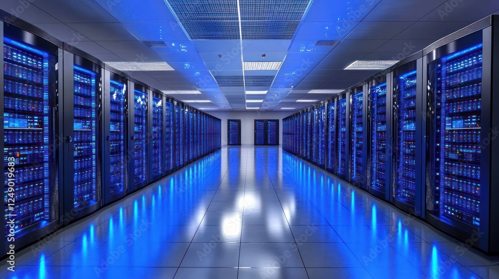 Fototapeta premium Futuristic Data Center with Server Racks and Blue LED Lighting in Hyper-Realistic Detail