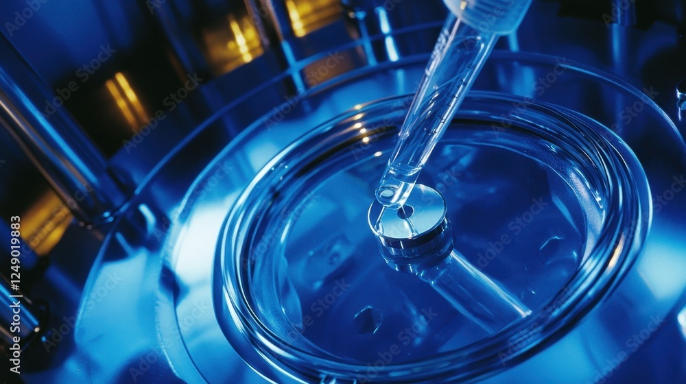 High tech laboratory setup featuring a pipette dispensing liquid into a petri dish. The scene is bathed in blue light, highlighting precision and innovation in scientific research High tech laboratory setup featuring a pipette dispensing liquid into a petri dish. The scene is bathed in blue light, highlighting precision and innovation in scientific research
