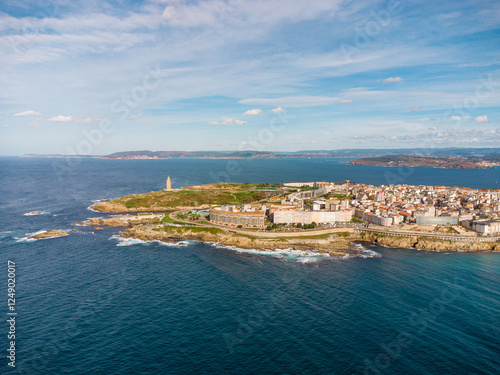 Wallpaper Mural A Coruna city, aerial perspective. Old historic center of the city.  Panoramic aerial view of all Region. Famous travel destination in Galicia, northwest of Spain. Promenade and beach area of the city Torontodigital.ca