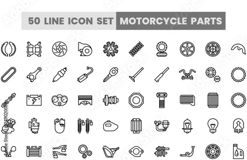 50 line icon set of motorcycle parts. Motorcycle spare part
