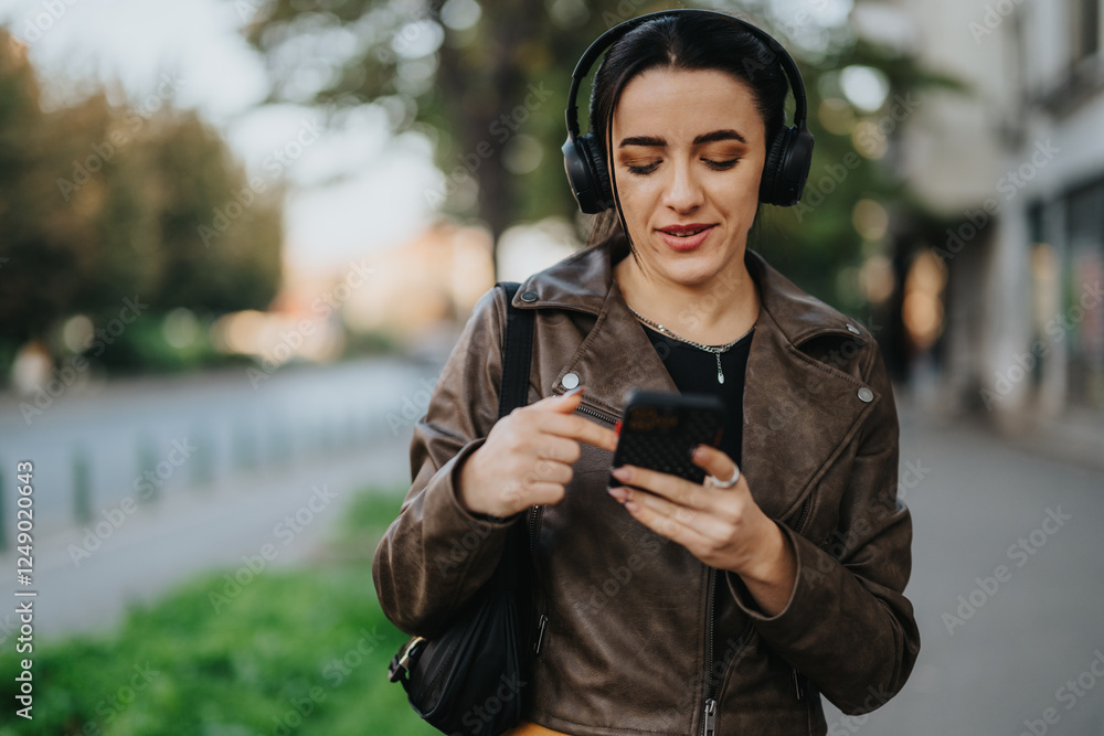 Cheerful woman wearing headphones, smiling as she interacts with her phone on a city street, enjoying music or a podcast while walking. The scene captures a modern, connected lifestyle with happiness. Cheerful woman wearing headphones, smiling as she interacts with her phone on a city street, enjoying music or a podcast while walking. The scene captures a modern, connected lifestyle with happiness.