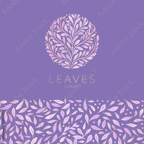 Gold and lavender emblem with flower and leaves. Can be used for jewelry, beauty and fashion industry. Great for logo, monogram, invitation, flyer, menu, background, or any desired idea.