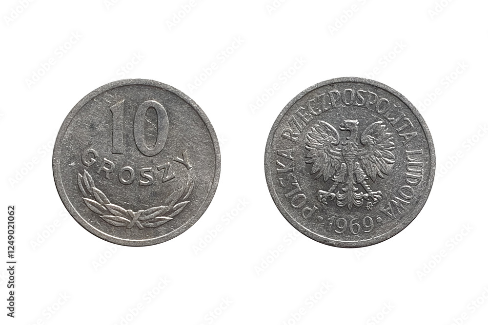 Naklejka premium Coin 10 Groszy 1969. Coin of Poland. Coin 10 groszy 1969. Obverse and Reverse on white background. Obverse The White Eagle, national coat of arms of Poland, date at the bottom