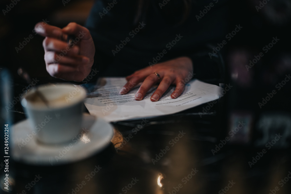 Close-up of a person holding a paper while sitting with a cup of coffee, creating a cozy and focused ambiance in a serene environment. Close-up of a person holding a paper while sitting with a cup of coffee, creating a cozy and focused ambiance in a serene environment.
