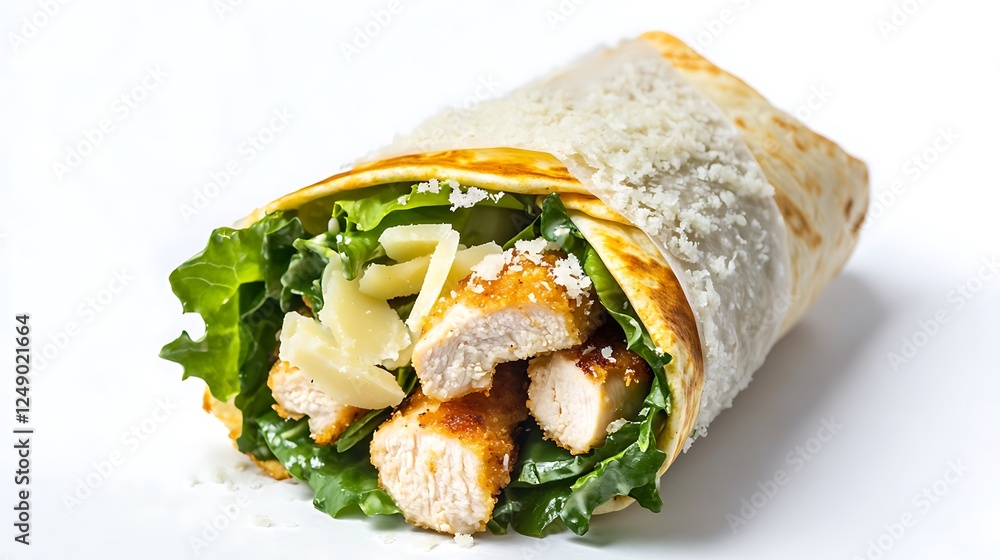A crispy chicken Caesar wrap with fresh romaine and Parmesan, neatly folded and displayed on a white background A crispy chicken Caesar wrap with fresh romaine and Parmesan, neatly folded and displayed on a white background