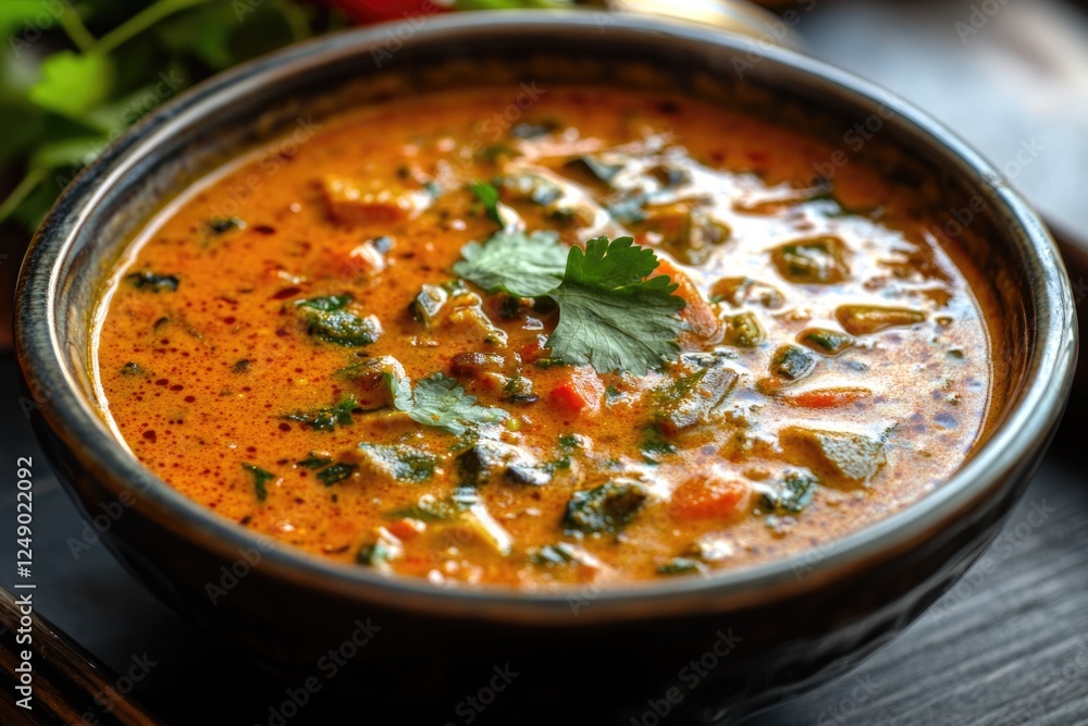 A bowl of soup with a lot of vegetables in it. The soup is red and has a lot of green herbs in it A bowl of soup with a lot of vegetables in it. The soup is red and has a lot of green herbs in it