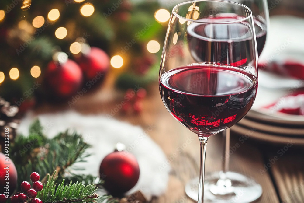 Christmas table setting with red wine Christmas table setting with red wine