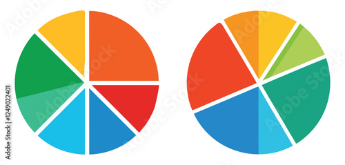 colorful pie charts, vibrant segments, data visualization, graphic design, bold colors, statistical representation.