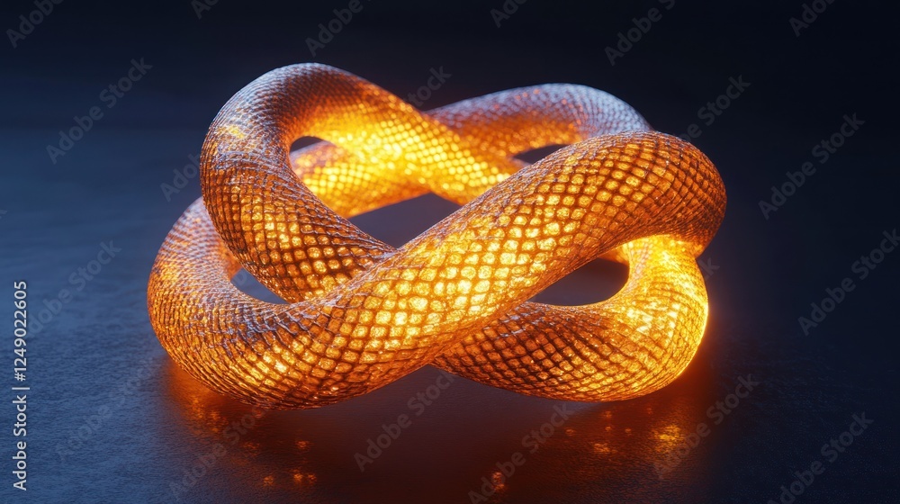 Fototapeta premium A 3D visualization of a Möbius strip, glowing with golden light against a dark background