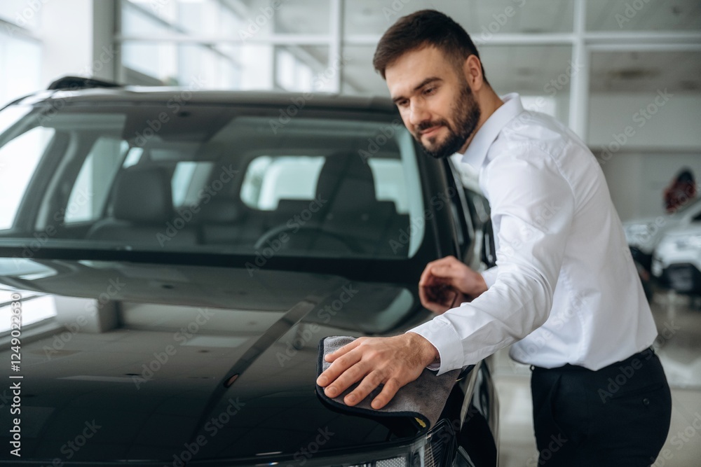 Checking the surface. Dealership worker is near the car Checking the surface. Dealership worker is near the car
