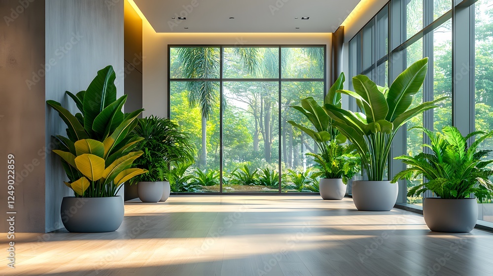 Fototapeta premium Modern office features tropical plants and floor-to-ceiling windows, combining minimalist design with natural elements through bright LED lighting, light wood floors, and gray planters white walls.
