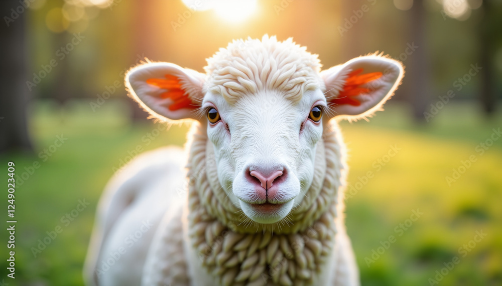 Close-up of a fluffy sheep's face in a field during sunset with a soft glowing background Close-up of a fluffy sheep's face in a field during sunset with a soft glowing background