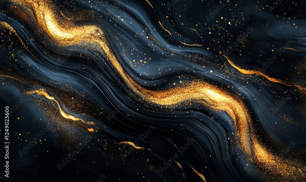 Obraz premium Abstract fluid art with dark blue and gold hues. The swirling patterns create a sense of movement and energy. The gold flecks add a touch of luxury and sparkle. 