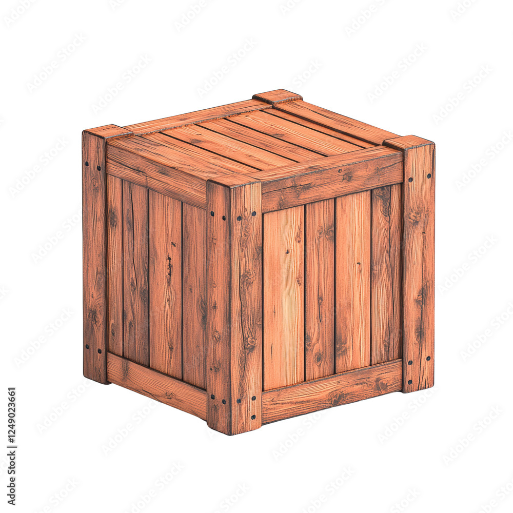 A wooden crate with a rustic design featuring a square shape and prominent wooden slats. A wooden crate with a rustic design featuring a square shape and prominent wooden slats.