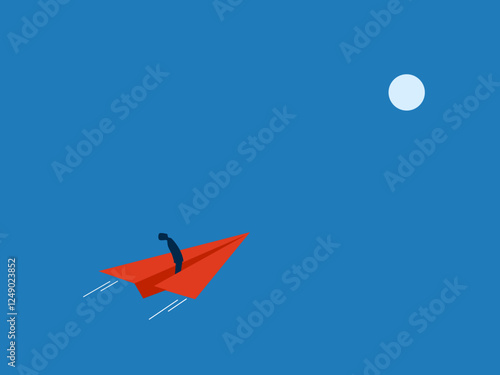 Businessman flying on paper plane looking for new opportunity or goal